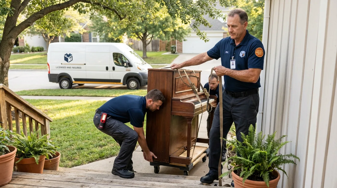 Licensed piano movers securing grand piano in Orleans, IN