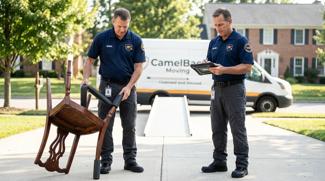 Movers inspecting furniture for damage prevention before loading in Orleans, IN
