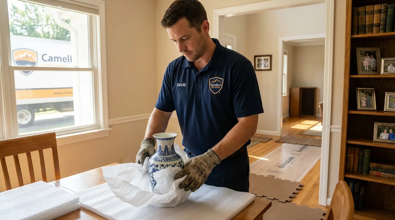Professional crew carefully wrapping antique vase for senior downsizing move in Orleans, IN