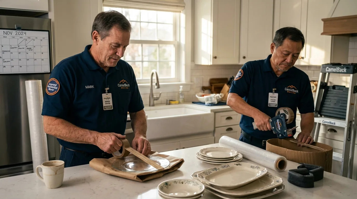 Professional crew packing kitchen dishware in Orleans, IN